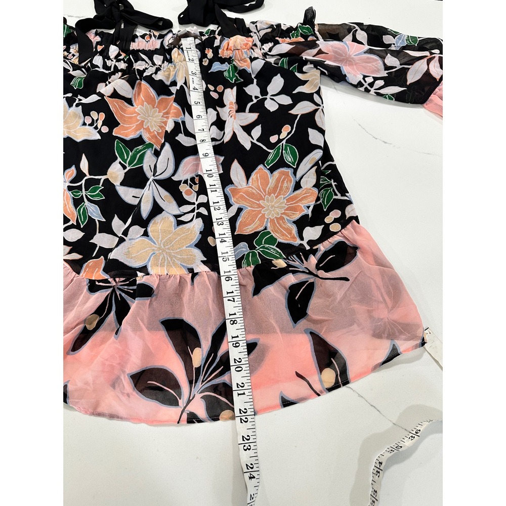 Loft Floral Off The Shoulder Tie Strap Blouse Pink Black Chiffon Ruffle Top M - Picture 6 of 6